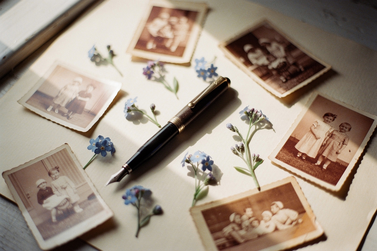 Old family photographs, keepsakes and a fountain pen on paper