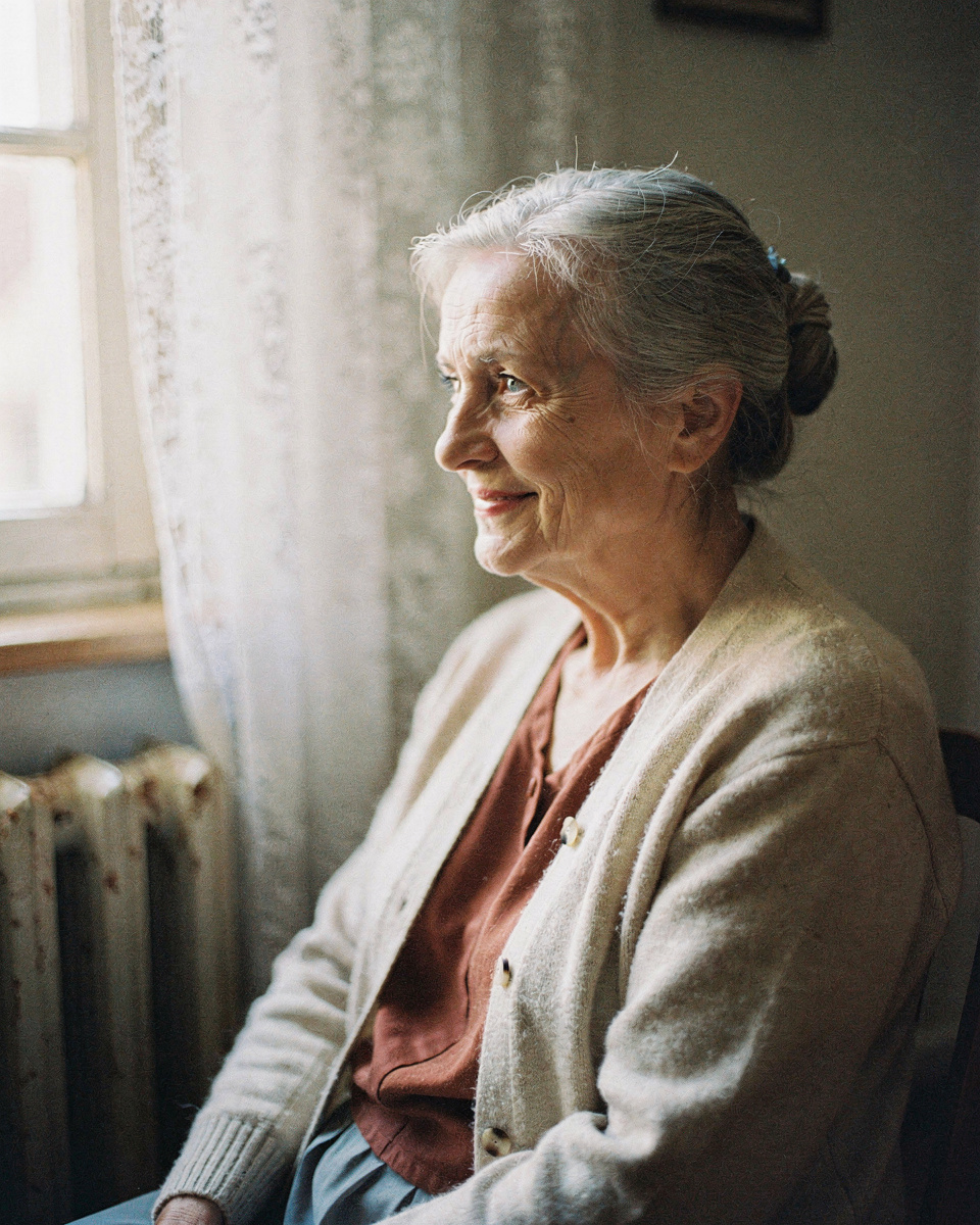 An elderly man by a window, with a gentle smile